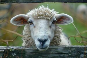 Inquisitive sheep looking through a wooden fence in a green, pastoral setting photo