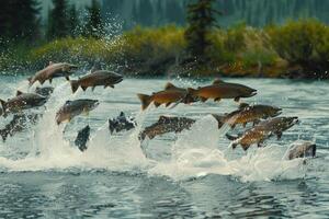 Group of Salmon jumping upstream in river photo