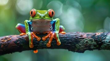 A striking image of a vividly colored tree frog perched confidently on a branch photo