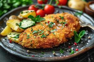 Delicious breaded schnitzel with herbs, served with potatoes and mixed vegetables photo