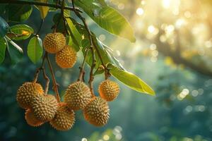 Cluster of durian fruits hanging from a branch in a tropical plantation, with sunlight photo
