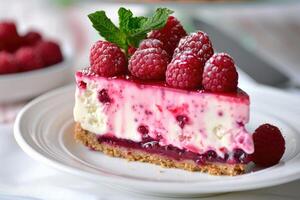 Raspberry cheesecake or raspberry cream mousse cake. photo