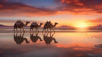 Silhouette of a camel caravan walking along a beach at sunset, with reflection on water photo