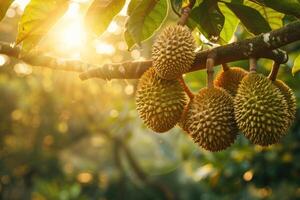 Cluster of durian fruits hanging from a branch in a tropical plantation, with sunlight photo