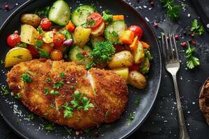 Delicious breaded schnitzel with herbs, served with potatoes and mixed vegetables photo