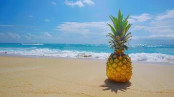 A pineapple on a sandy beach with the ocean in the background. photo