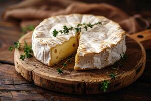 Camembert cheese with fresh thyme on wood photo