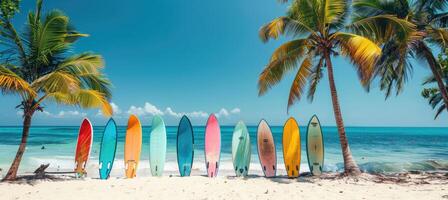Line of vividly colored surfboards standing against coconut palms on a pristine tropical beach with blue waters photo