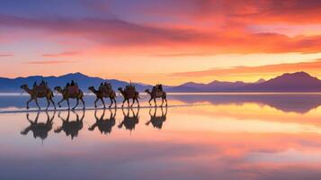 Silhouette of a camel caravan walking along a beach at sunset, with reflection on water photo