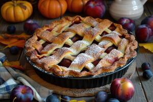 Homemade plum pie. Autumn plum pie. photo