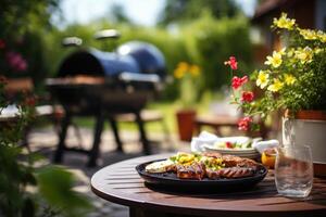Summer garden table with barbeque grill in the background, ready for an outdoor familial meal photo