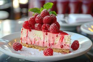 Raspberry cheesecake or raspberry cream mousse cake. photo