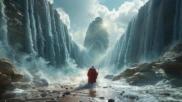Moses parting the Red Sea, with towering walls of water on either side and a path emerging through the sea bed. photo