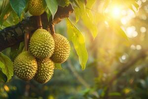 Cluster of durian fruits hanging from a branch in a tropical plantation, with sunlight photo