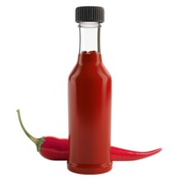 A bottle of hot sauce with a chili pepper on the side On Transparent Background. png