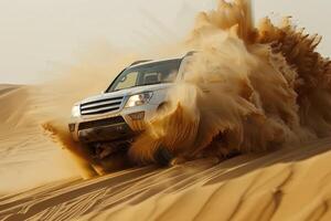 A powerful SUV performs a dynamic slide on the sandy desert dunes with dust clouds billowing around it photo