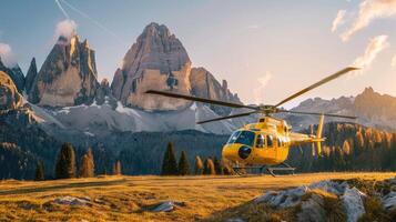 Yellow emergency helicopter in mountains dolomites photo