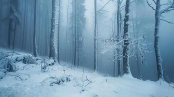 Dreamy winter forest in the fog. Atmospheric mood. photo