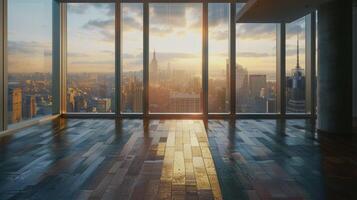 An empty room in a skyscraper and a view of the city in the morning. Beautiful, expensive property with a view. photo