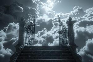 Black long stairs to heaven, iron gates partly open above, clouds on either side photo
