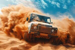 A strong all-terrain vehicle makes its way through the desert, kicking up huge amounts of sand as it pushes forward under clear skies photo