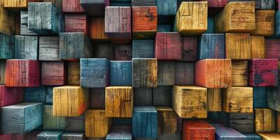 Abstract block stack wooden 3d cubes, colorful wood texture for backdrop photo