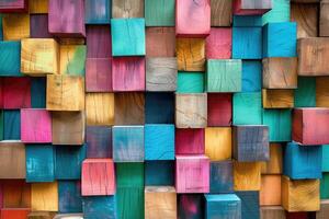 Abstract block stack wooden 3d cubes, colorful wood texture for backdrop photo