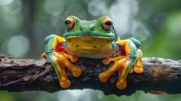 Close-up of a vivid green tree frog with bulging eyes perched on a branch in its natural habitat photo