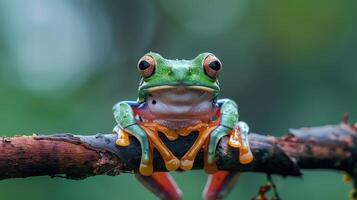 Close-up of a vivid green tree frog with bulging eyes perched on a branch in its natural habitat photo