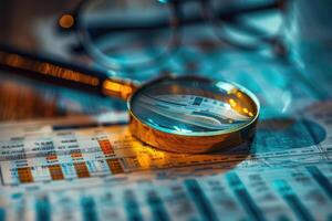 Financial data on a screen with a magnifying glass highlighting specific information and graph trends photo