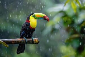 A toucan sits on a branch in the rain in the rainforest. photo