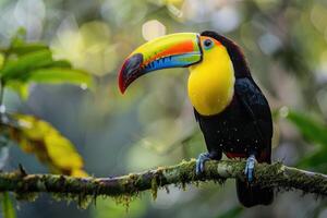 A toucan sits on a branch in the rain in the rainforest. photo