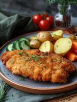 Delicious breaded schnitzel with herbs, served with potatoes and mixed vegetables photo