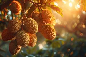 Cluster of durian fruits hanging from a branch in a tropical plantation, with sunlight photo