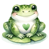 Cute cartoon frog with a green heart sitting on a lily pad. png