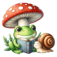 A cute frog and snail reading a book under a large red mushroom. Friendship concept png