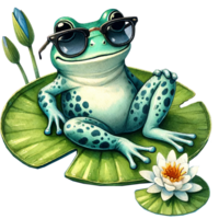 A cool frog wearing sunglasses relaxes on a lily pad with a white water lily. png