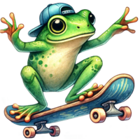 une vert grenouille portant une bleu casquette est faire de la planche à roulettes. le grenouille a une content expression. cette image est parfait pour une amusant, espiègle conception. png