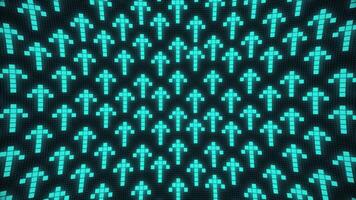 Motion background with a pattern of glowing green pixelated digital up arrows gently moving up and down the frame. Full HD and looping retro technology animation. video
