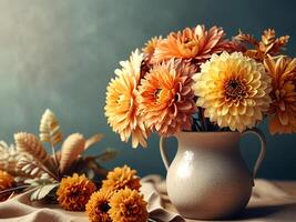 Vase with dried flowers on the vase in the table on a background wall. Interior design element. photo