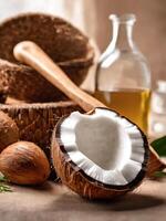 coconut oil on the jar, coconut fruit, palm leaf, on the wooden table photo