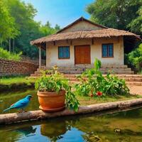 Create images of plant in Summer and birds drinking water from pot beautiful village side view photo