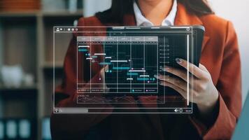 Project manager working with Gantt chart schedule to plan tasks and deliverables. Scheduling activities with a planning software, Corporate strategy for finance, operations, sales, marketing. video