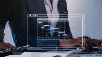 Project manager working with Gantt chart schedule to plan tasks and deliverables. Scheduling activities with a planning software, Corporate strategy for finance, operations, sales, marketing. video