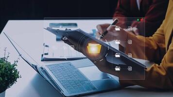 Document management concept. Virtual screen icons Document Management System DMS Online document database, software for efficient archiving, searching and management of company files and data. video
