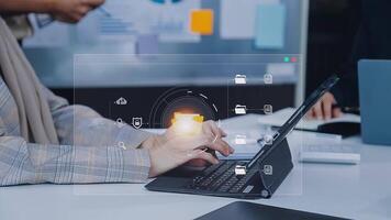 Document management concept. Virtual screen icons Document Management System DMS Online document database, software for efficient archiving, searching and management of company files and data. video