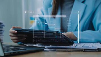 Project manager working with Gantt chart schedule to plan tasks and deliverables. Scheduling activities with a planning software, Corporate strategy for finance, operations, sales, marketing. video