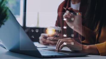 Document management concept. Virtual screen icons Document Management System DMS Online document database, software for efficient archiving, searching and management of company files and data. video