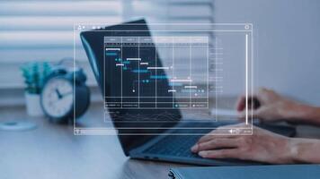 Project manager working with Gantt chart schedule to plan tasks and deliverables. Scheduling activities with a planning software, Corporate strategy for finance, operations, sales, marketing. video