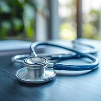 Close-up shot of a stethoscope delicately placed on a desk generated by AI. photo